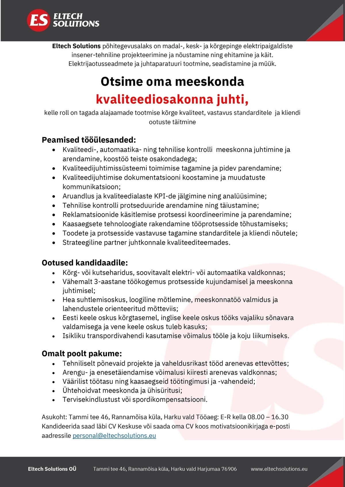 Eltech Solutions OÜ Kvaliteediosakonna juht