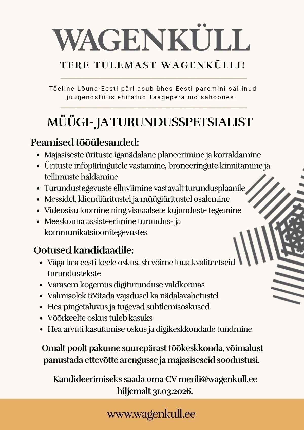 WAGENKÜLL HOTELL OÜ MÜÜGI- JA TURUNDUSSPETSIALIST