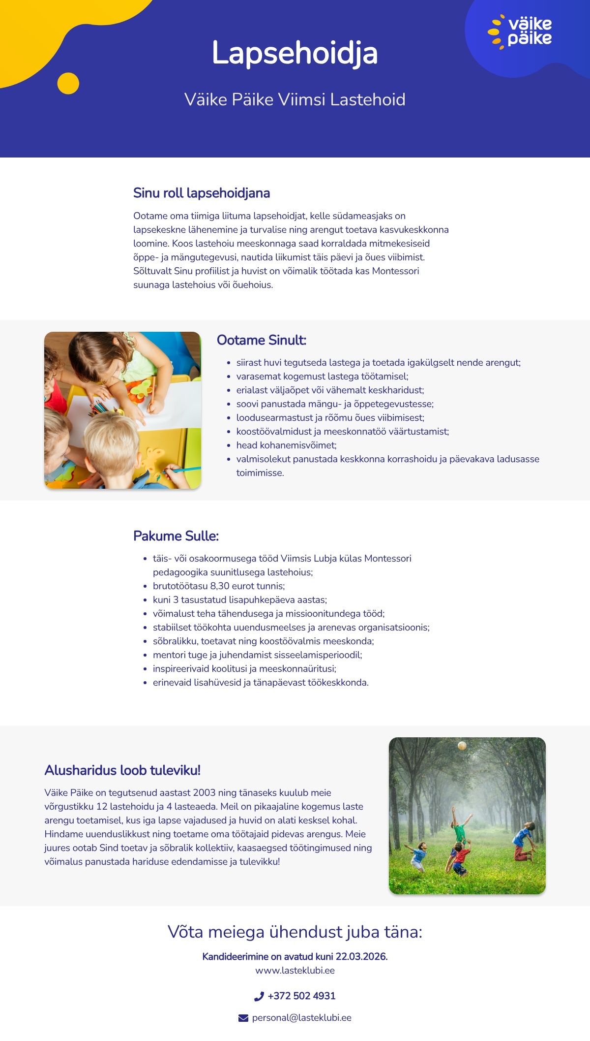 Väike Päike Viimsi Lastehoid Lapsehoidja