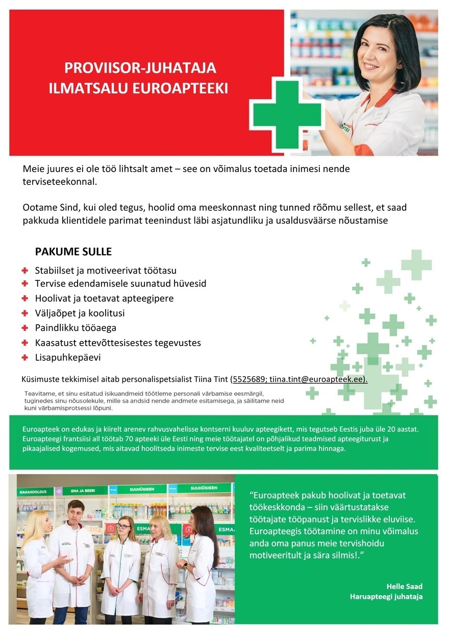 Euroapteek OÜ Ilmatsalu Euroapteegi proviisor-juhataja
