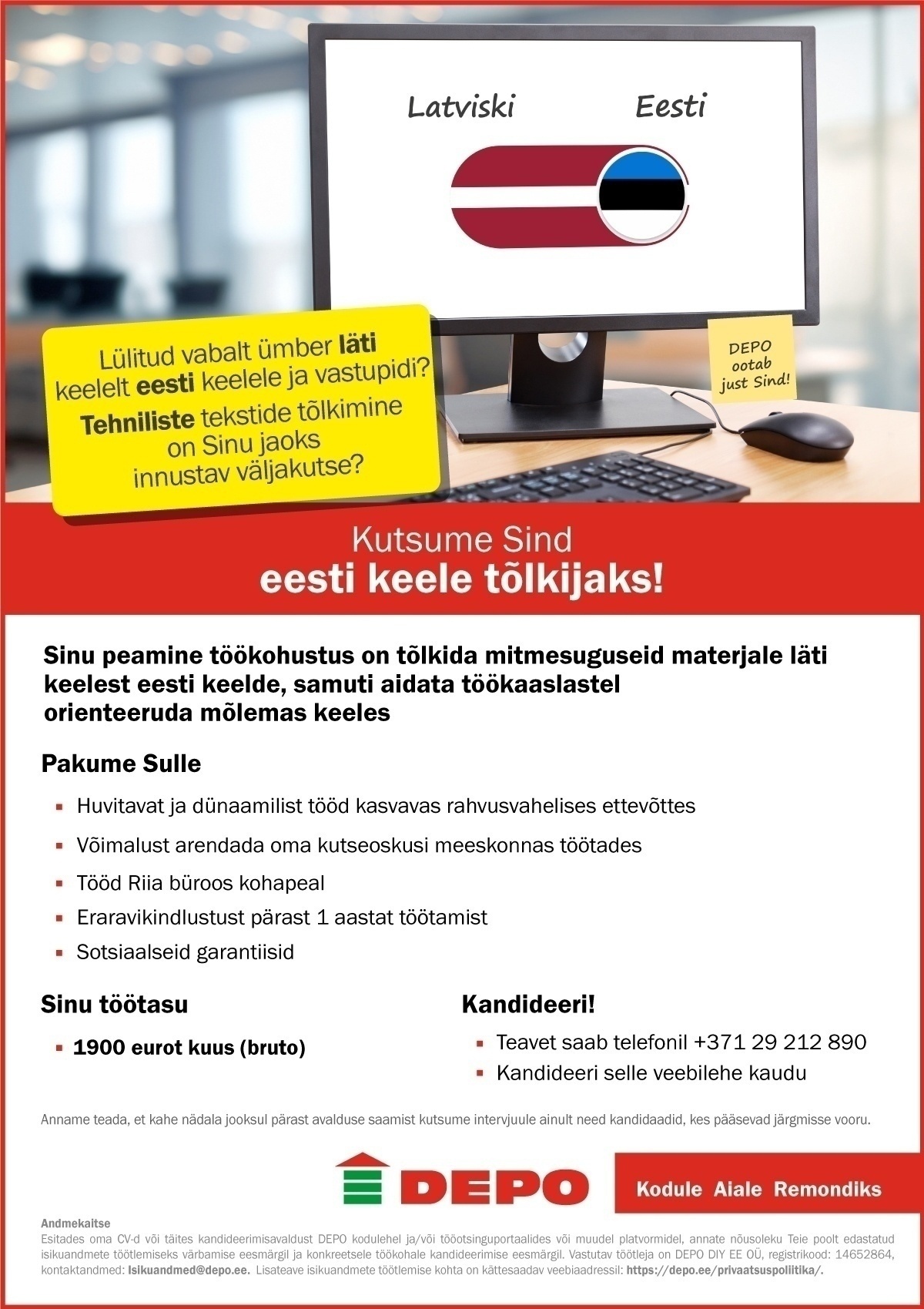 DEPO DIY EE OÜ Kutsume Sind tööle Riia büroosse eesti keele tõlkijaks