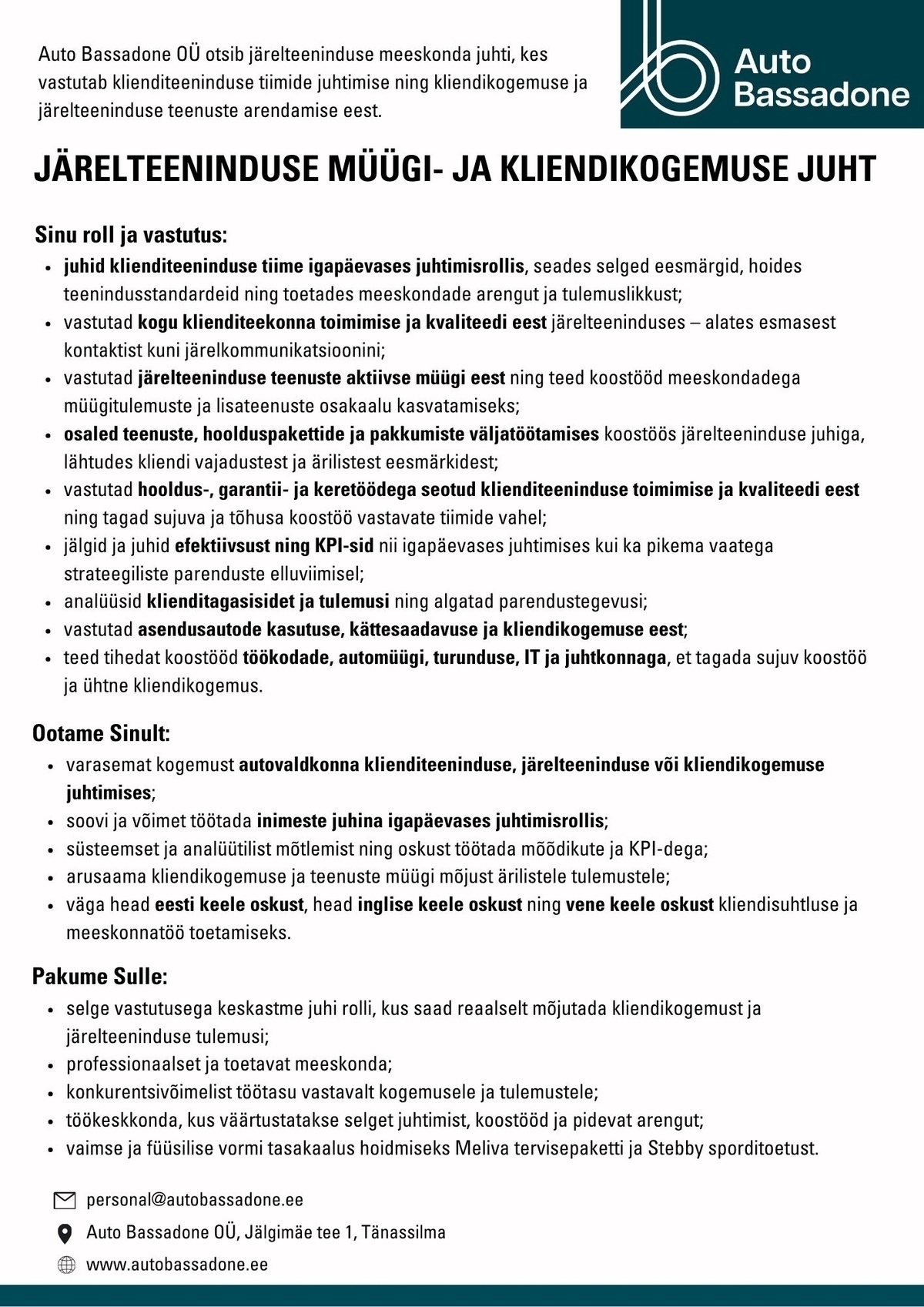 Auto Bassadone OÜ Järelteeninduse müügi- ja kliendikogemuse juht