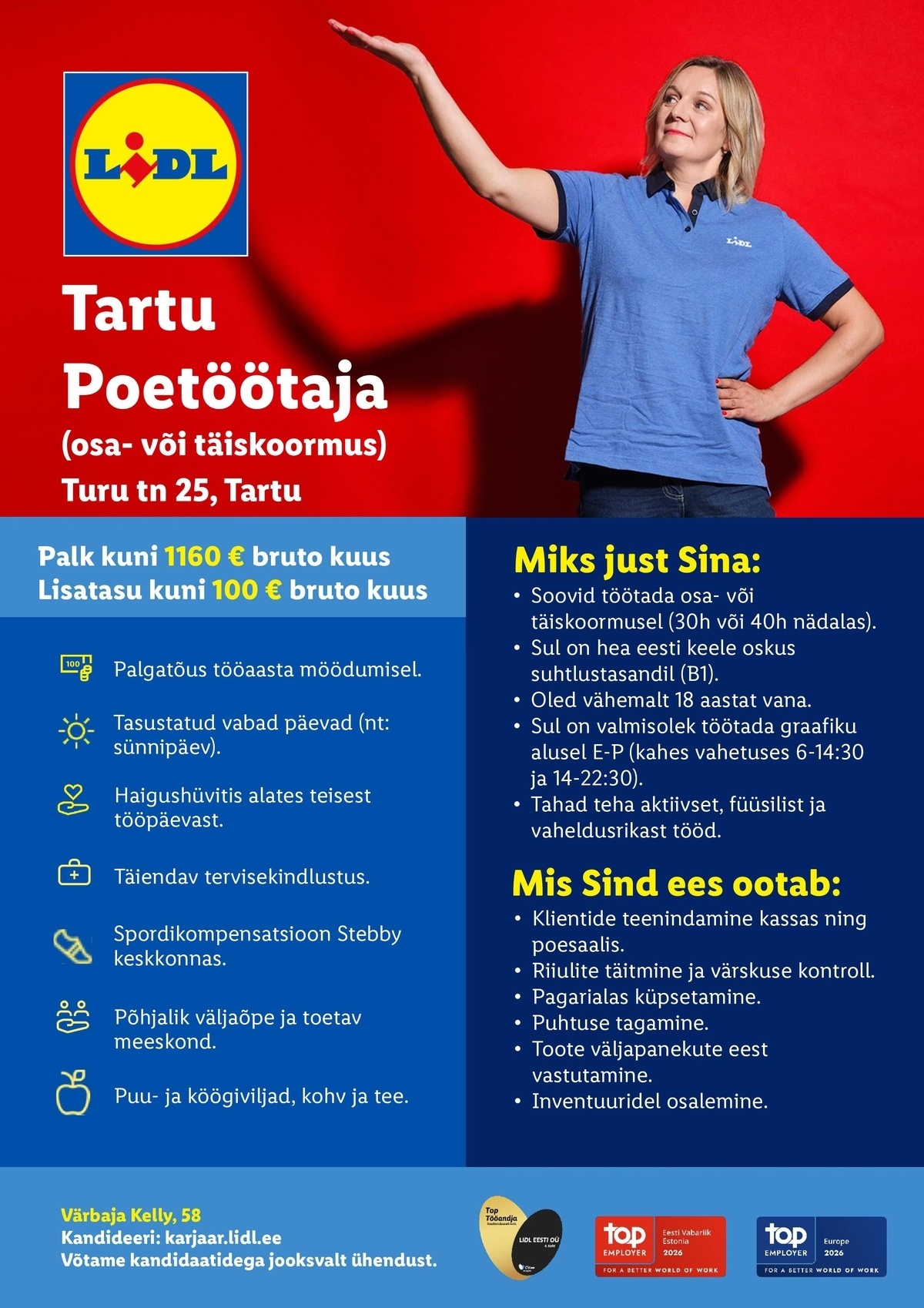 Lidl Eesti OÜ Tartu poetöötaja - osaline või täistööaeg (Turu tn 25, Tartu)