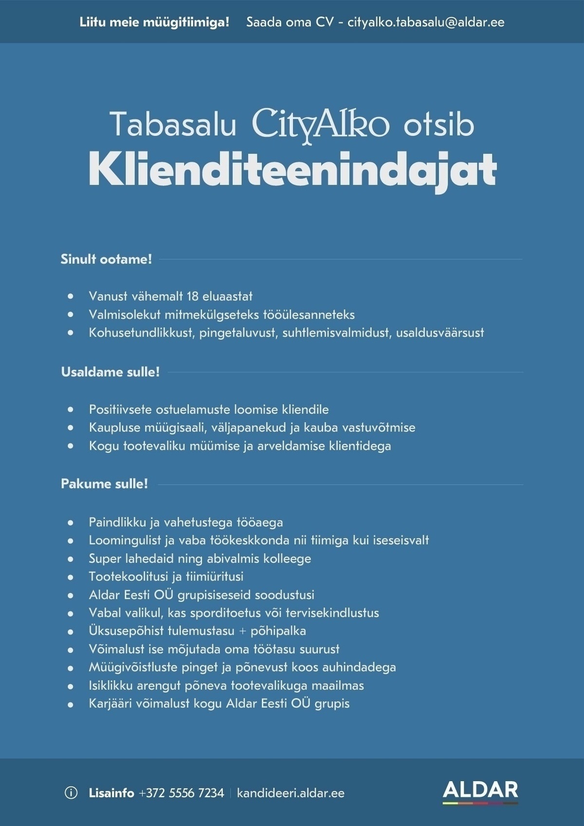 Aldar Eesti OÜ Klienditeenindaja Tabasalu CityAlkosse