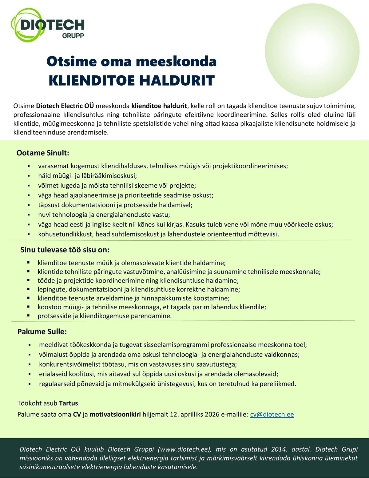 Diotech Electric OÜ Klienditoe haldur