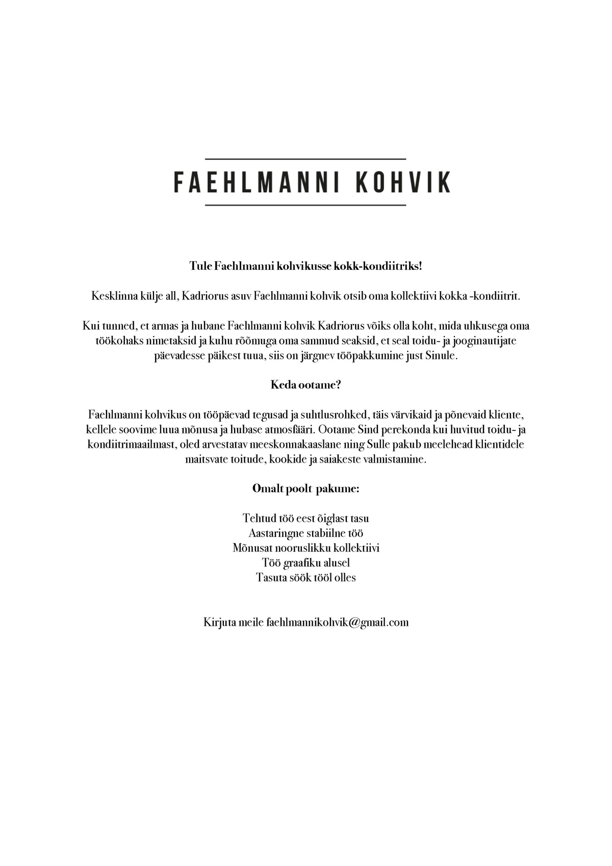 KOHVIK MOKA OÜ Kokk