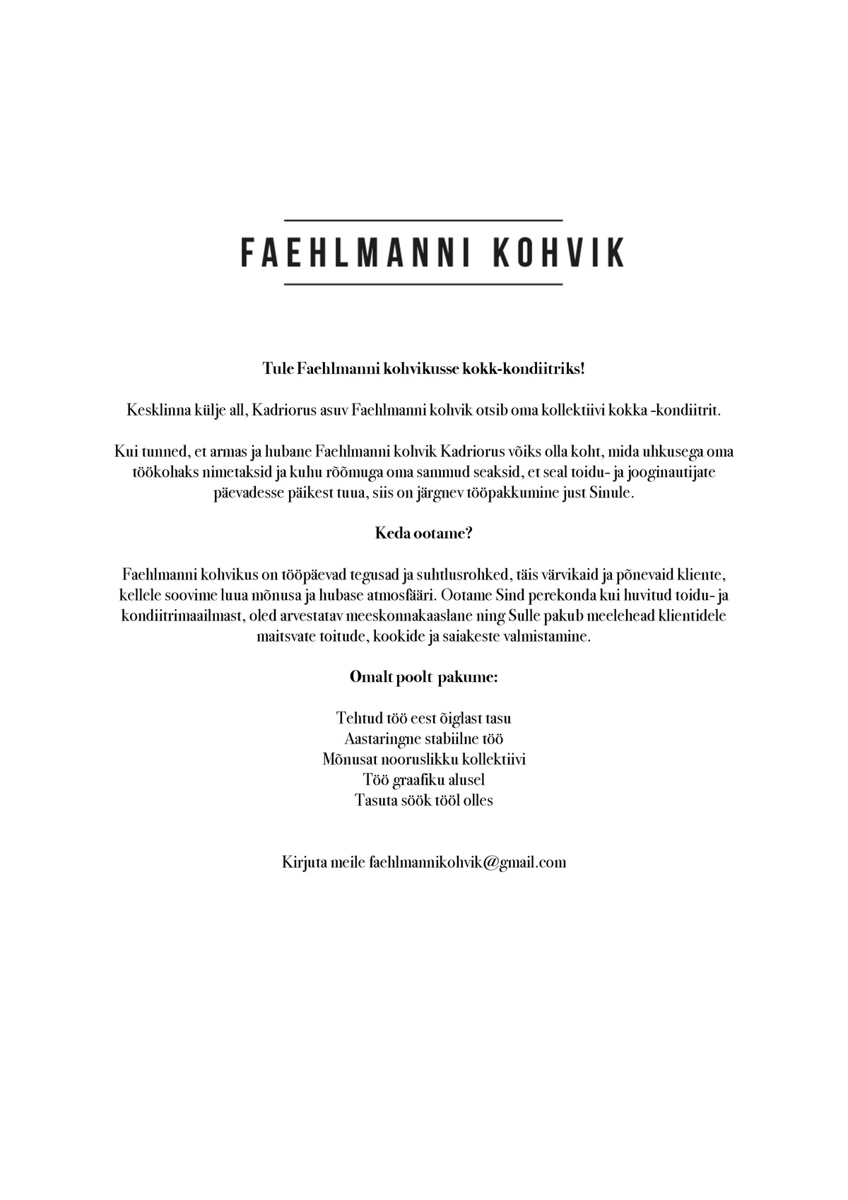 KOHVIK MOKA OÜ Kokk