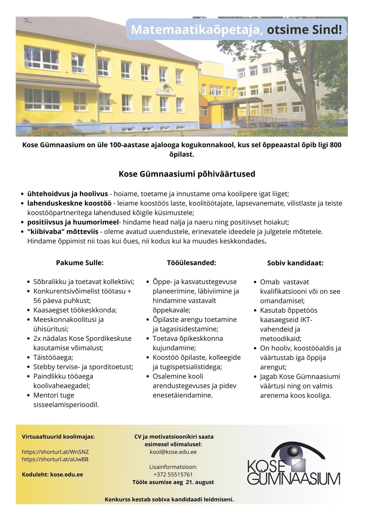 KOSE GÜMNAASIUM Matemaatikaõpetaja