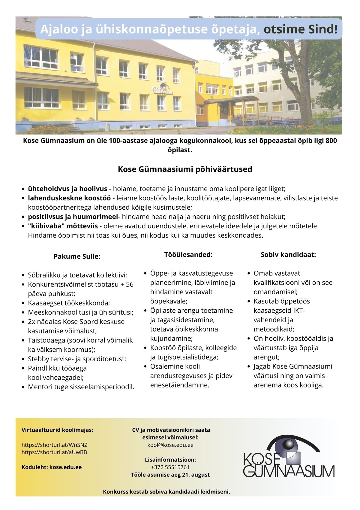 KOSE GÜMNAASIUM Ajaloo ja ühiskonnaõpetuse õpetaja