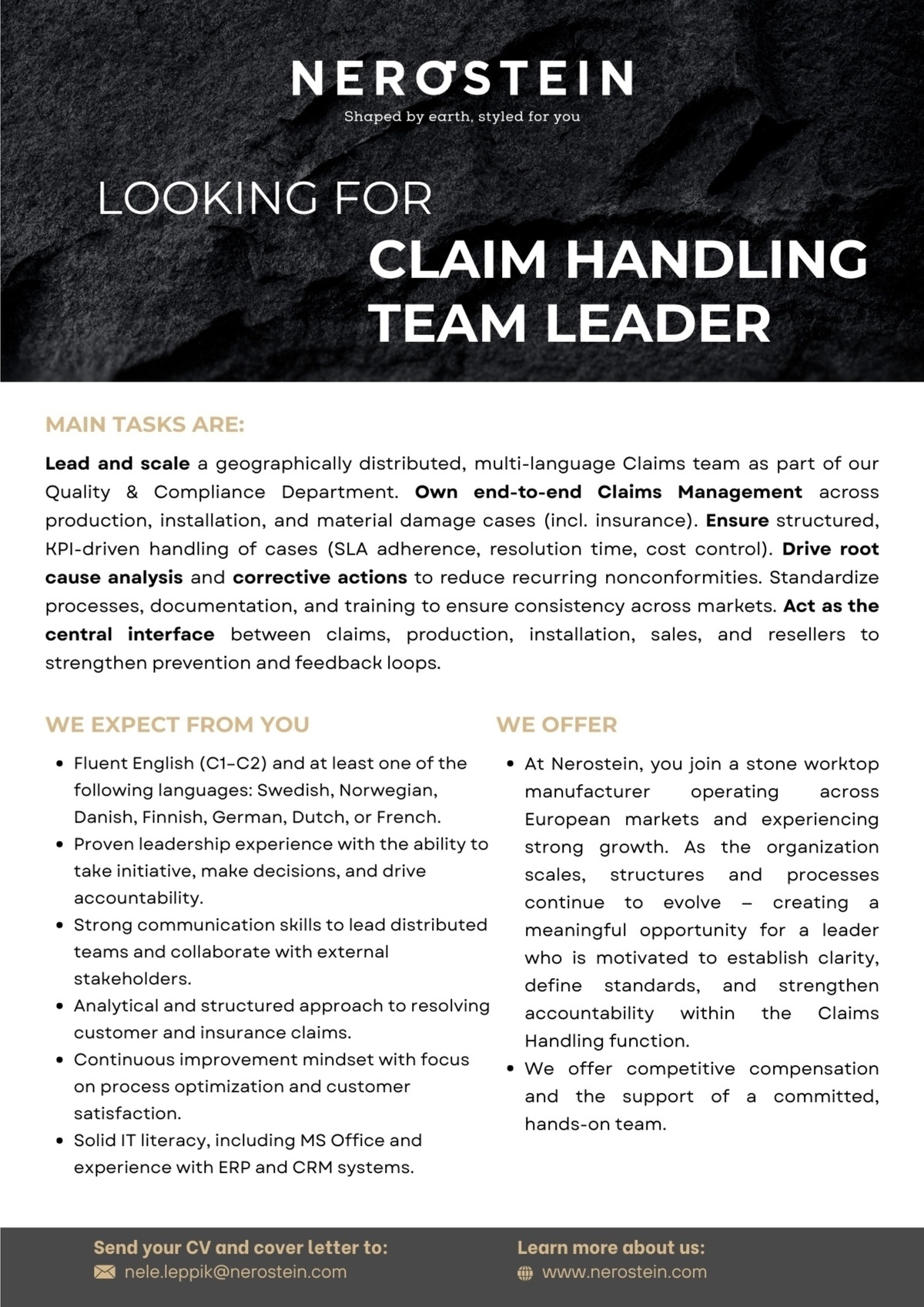 NEROSTEIN OÜ CLAIM HANDLING TEAM LEADER