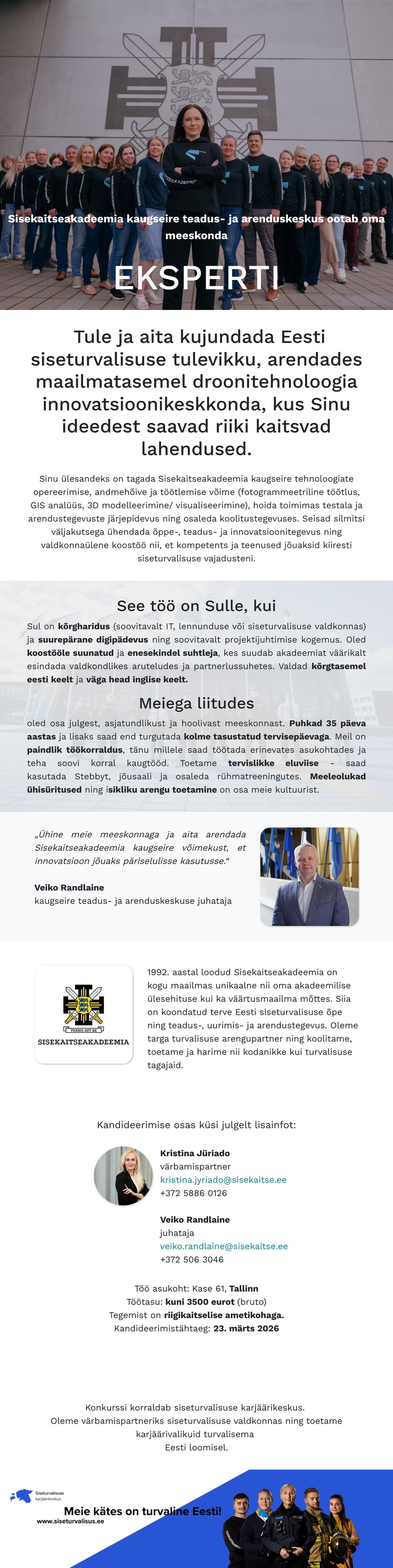 Siseturvalisuse karjäärikeskus Kaugseire teadus- ja arenduskeskuse ekspert