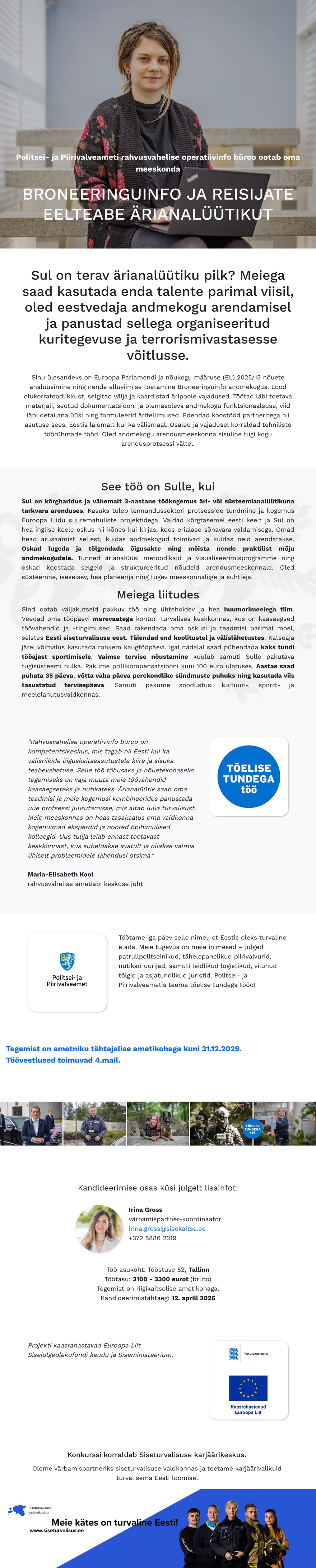 Siseturvalisuse karjäärikeskus Broneeringuinfo ja reisijate eelteabe ärianalüütik