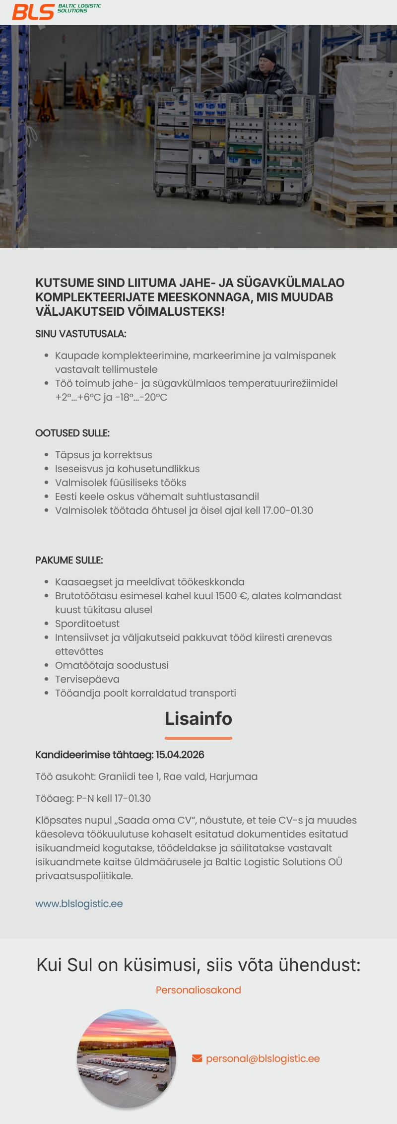 Baltic Logistic Solutions OÜ Jahe- ja sügavkülmalao komplekteerija