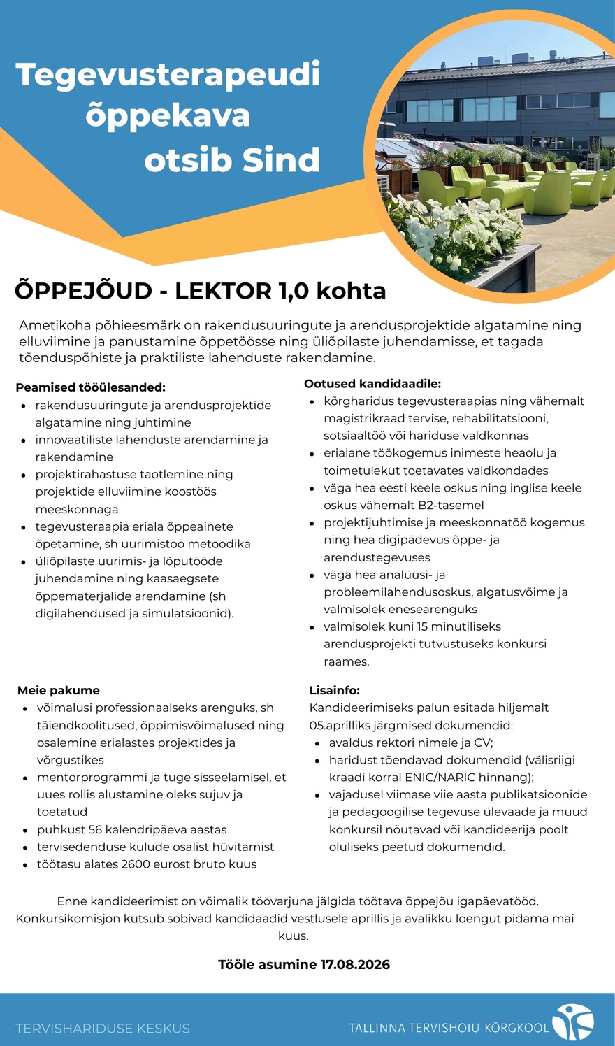 Tallinna Tervishoiu Kõrgkool Õppejõud-lektor, tegevusterapeudi õppekava