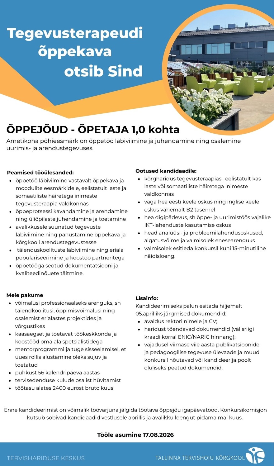 Tallinna Tervishoiu Kõrgkool Õppejõud-õpetaja tegevusterapeudi õppekava