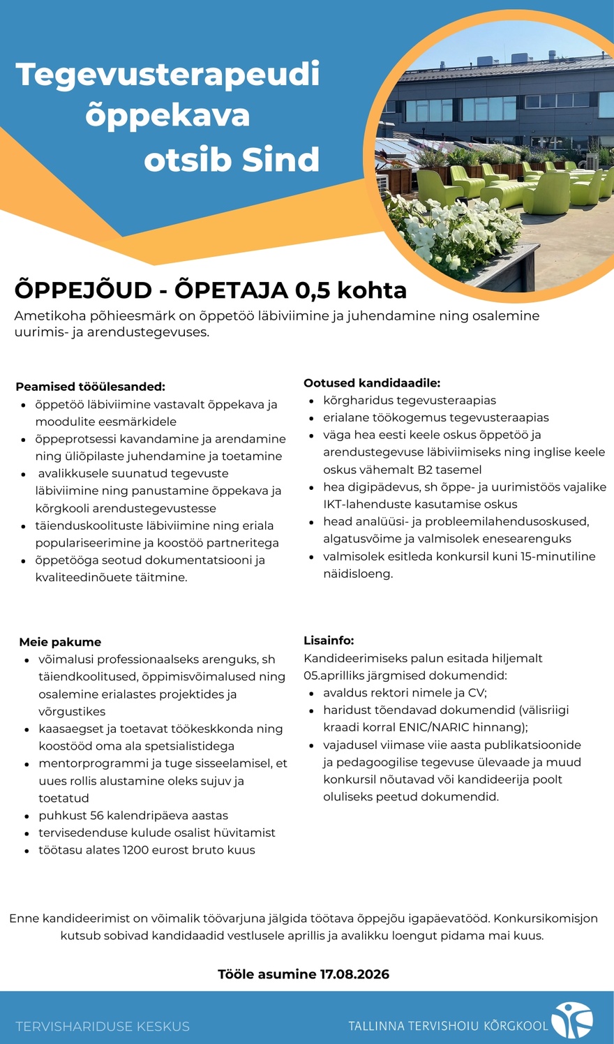 Tallinna Tervishoiu Kõrgkool Õppejõud- õpetaja, 0,5 tegevusterapeudi õppekava