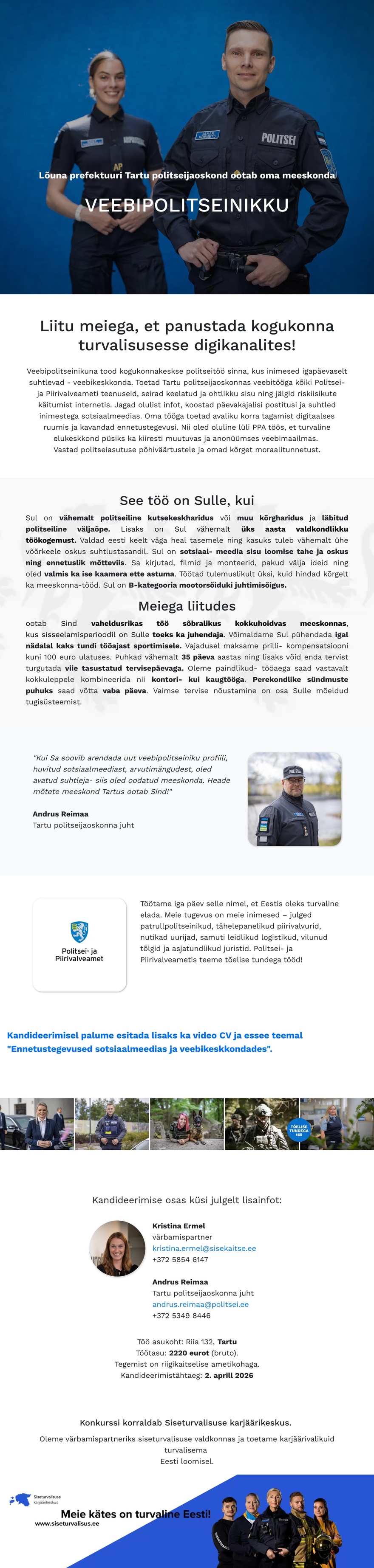 Siseturvalisuse karjäärikeskus Tartu politseijaoskonna veebipolitseinik