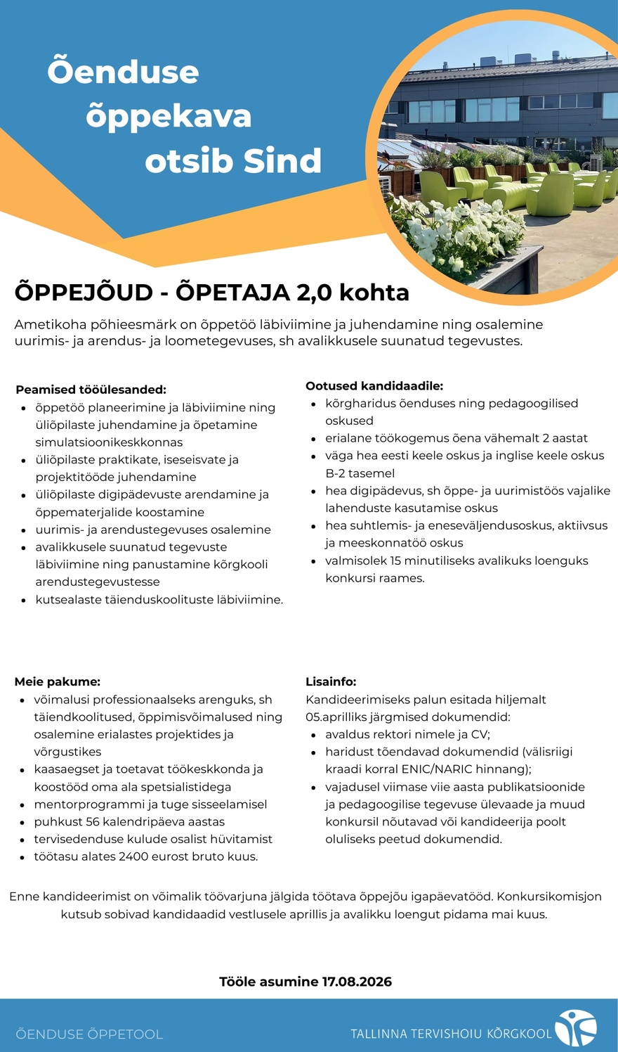 Tallinna Tervishoiu Kõrgkool Õppejõud-õpetaja, õenduse õppetool