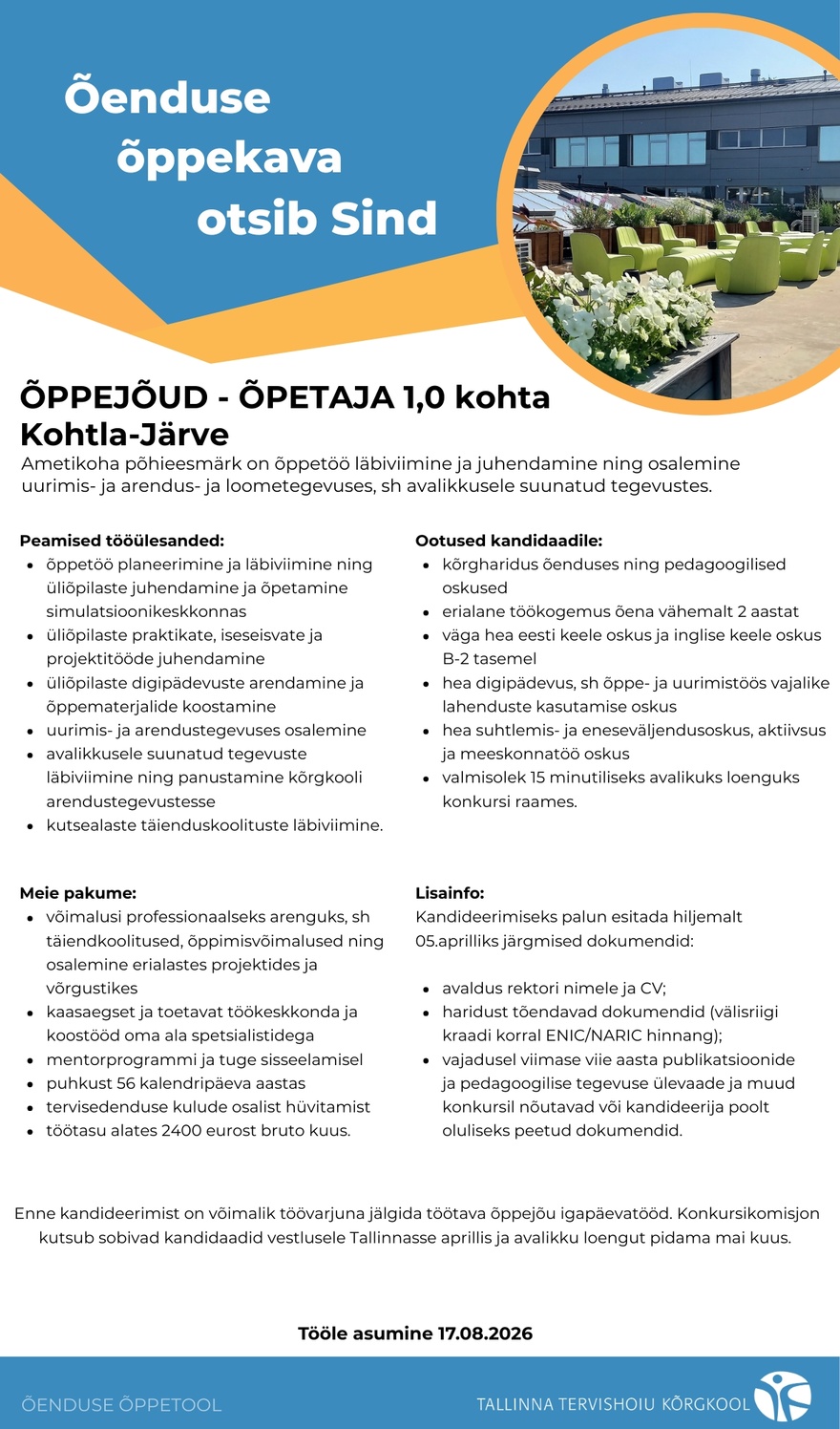 Tallinna Tervishoiu Kõrgkool Õppejõud-õpetaja, õe õppekava Kohtla-Järvel