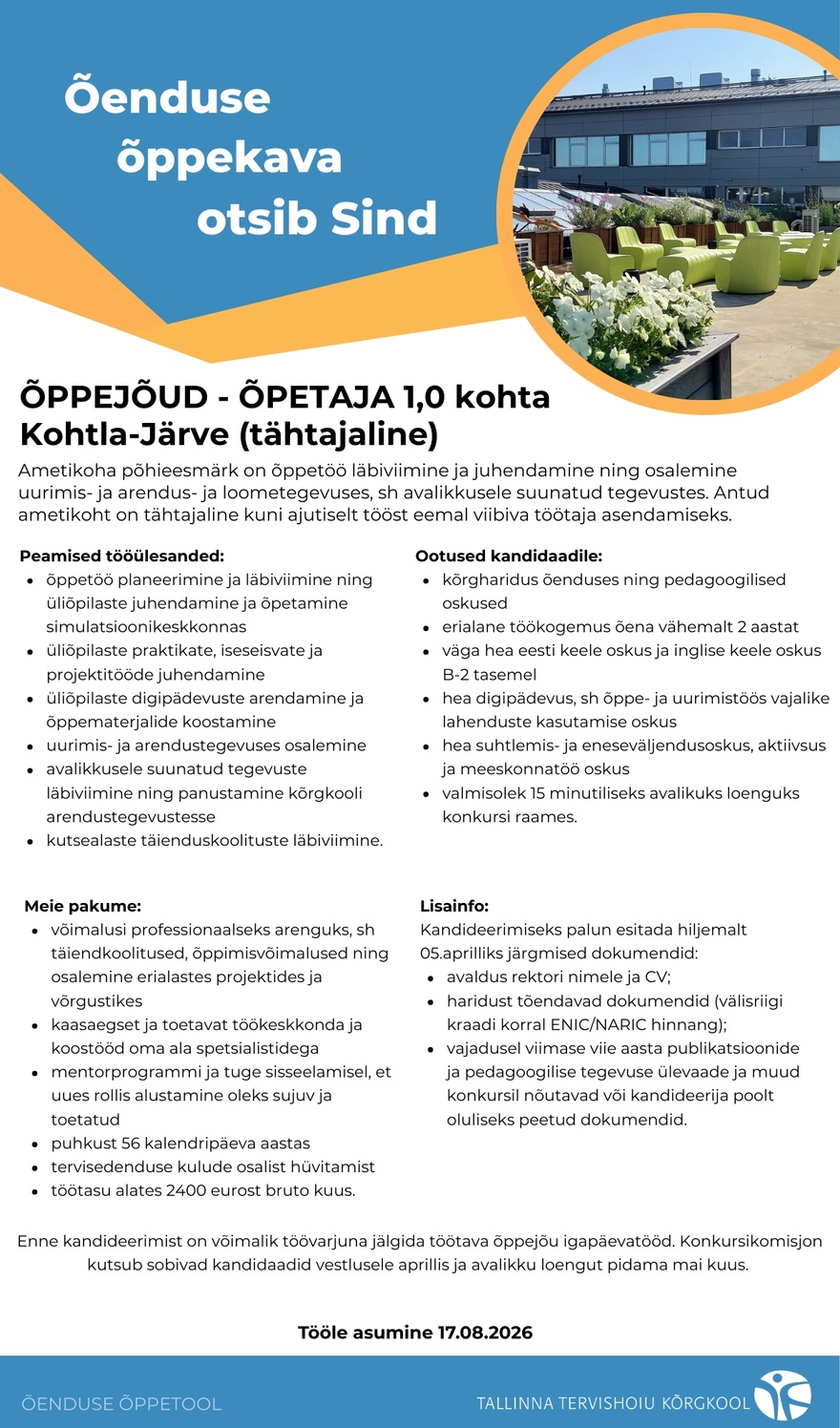 Tallinna Tervishoiu Kõrgkool Õppejõud-õpetaja, õe õppekava, Kohtla-Järvel, tähtajaline