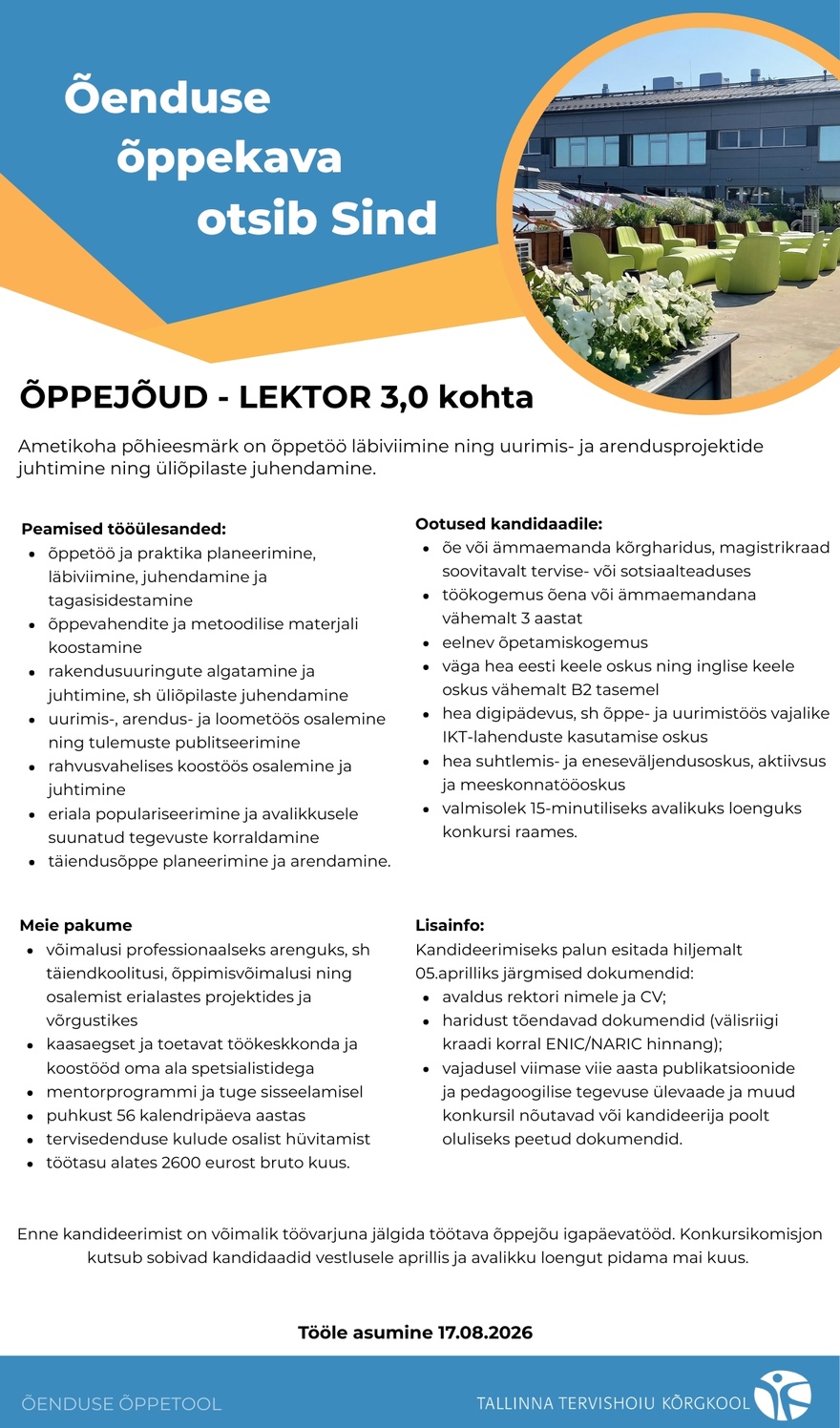 Tallinna Tervishoiu Kõrgkool Õppejõud-lektor, õenduse õppetool