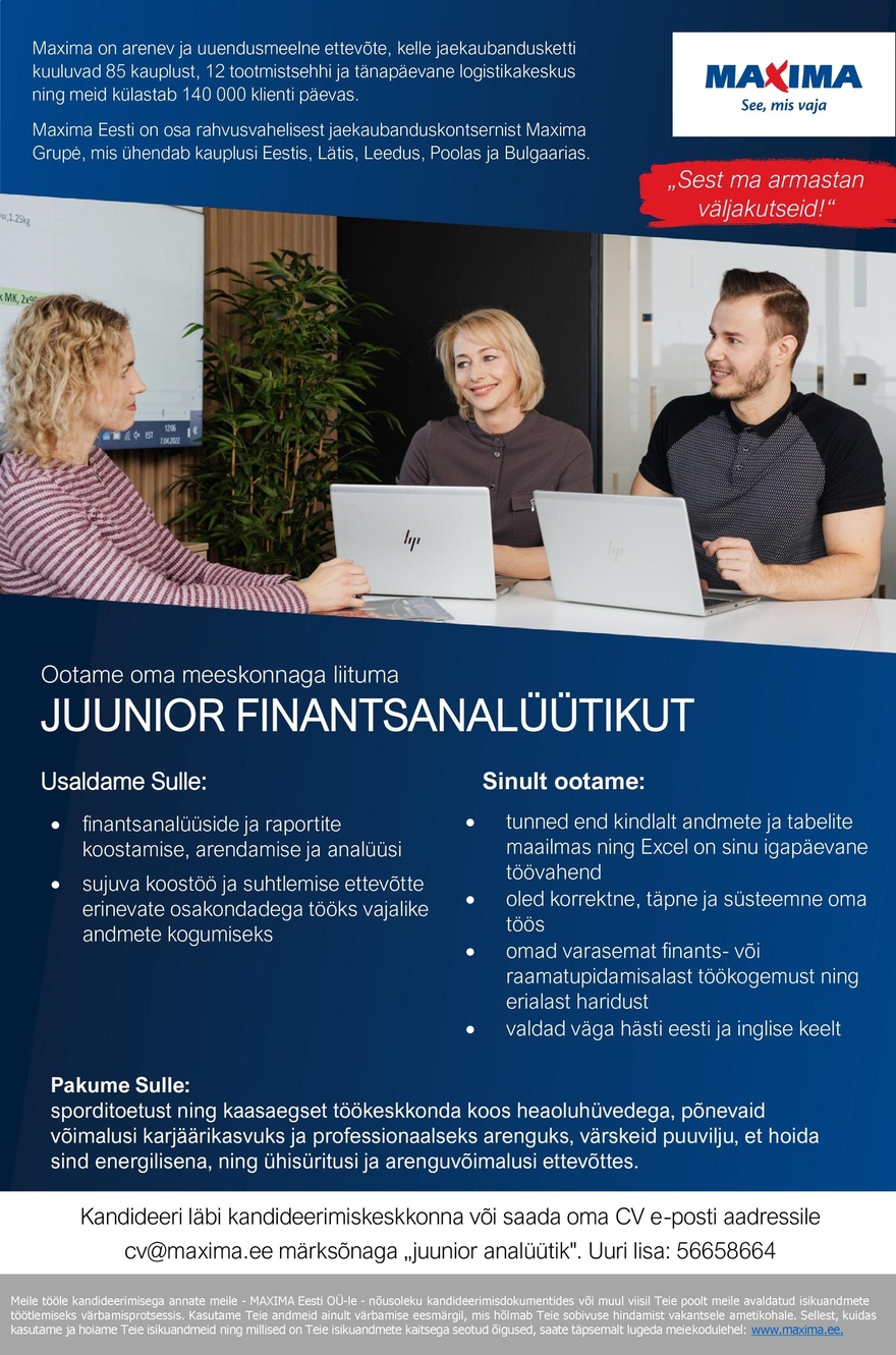 Maxima Eesti OÜ Juunior finantsanalüütik