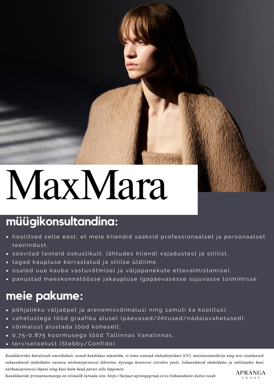 Apranga OÜ Max Mara otsib moehuvilist müügikonsultanti