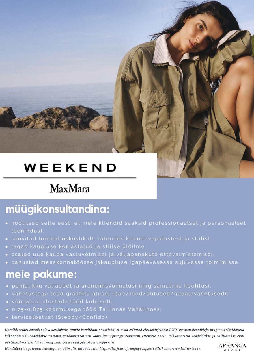 Apranga OÜ Weekend Max Mara otsib moehuvilist müügikonsultanti