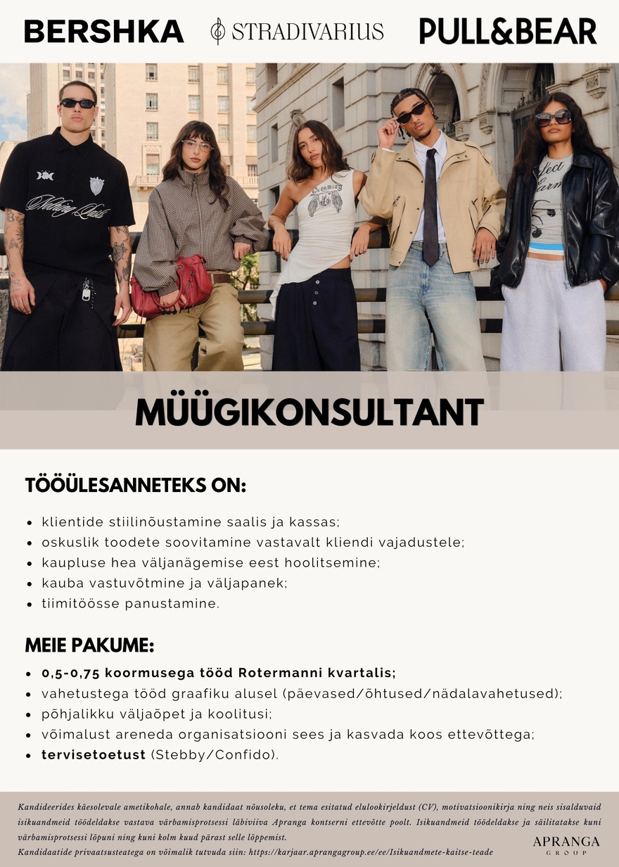 Apranga OÜ Liitu müügikonsultandina Bershka, Stradivarius või Pull&Bear tiimiga