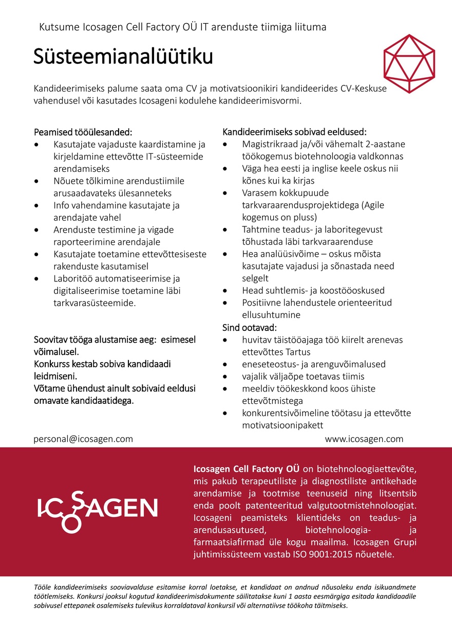 Icosagen Cell Factory OÜ SÜSTEEMIANALÜÜTIK