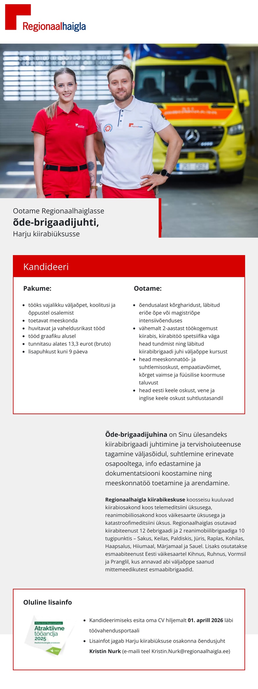 Põhja-Eesti Regionaalhaigla Õde-brigaadijuht Harju kiirabiüksusesse