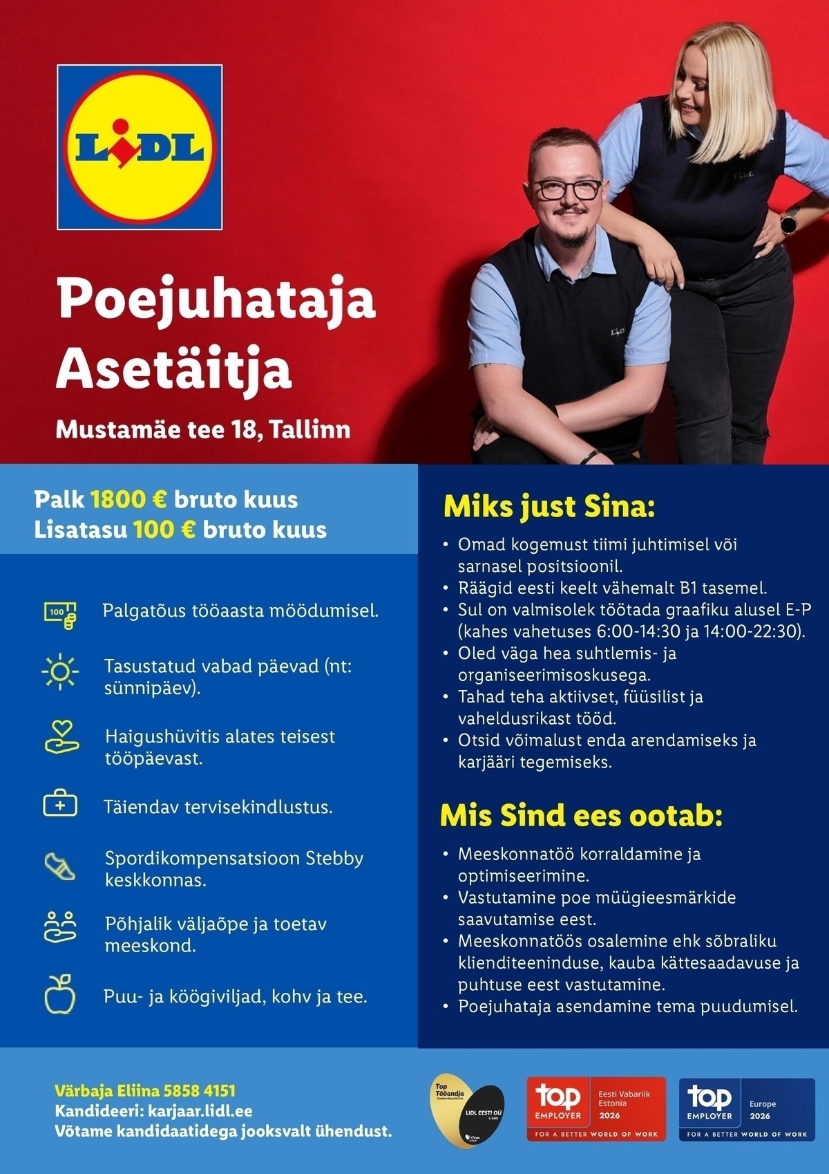 Lidl Eesti OÜ Poejuhataja asetäitja (Mustamäe tee 18, Tallinn)