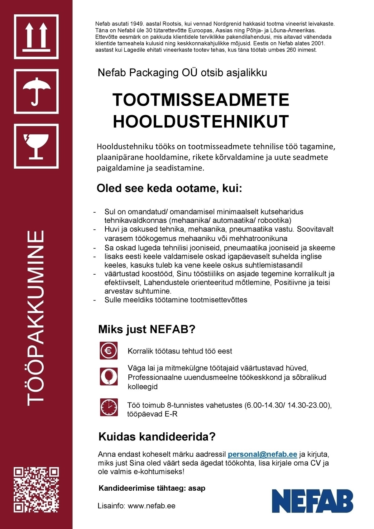 NEFAB PACKAGING OÜ Tootmisseadmete hooldustehnik