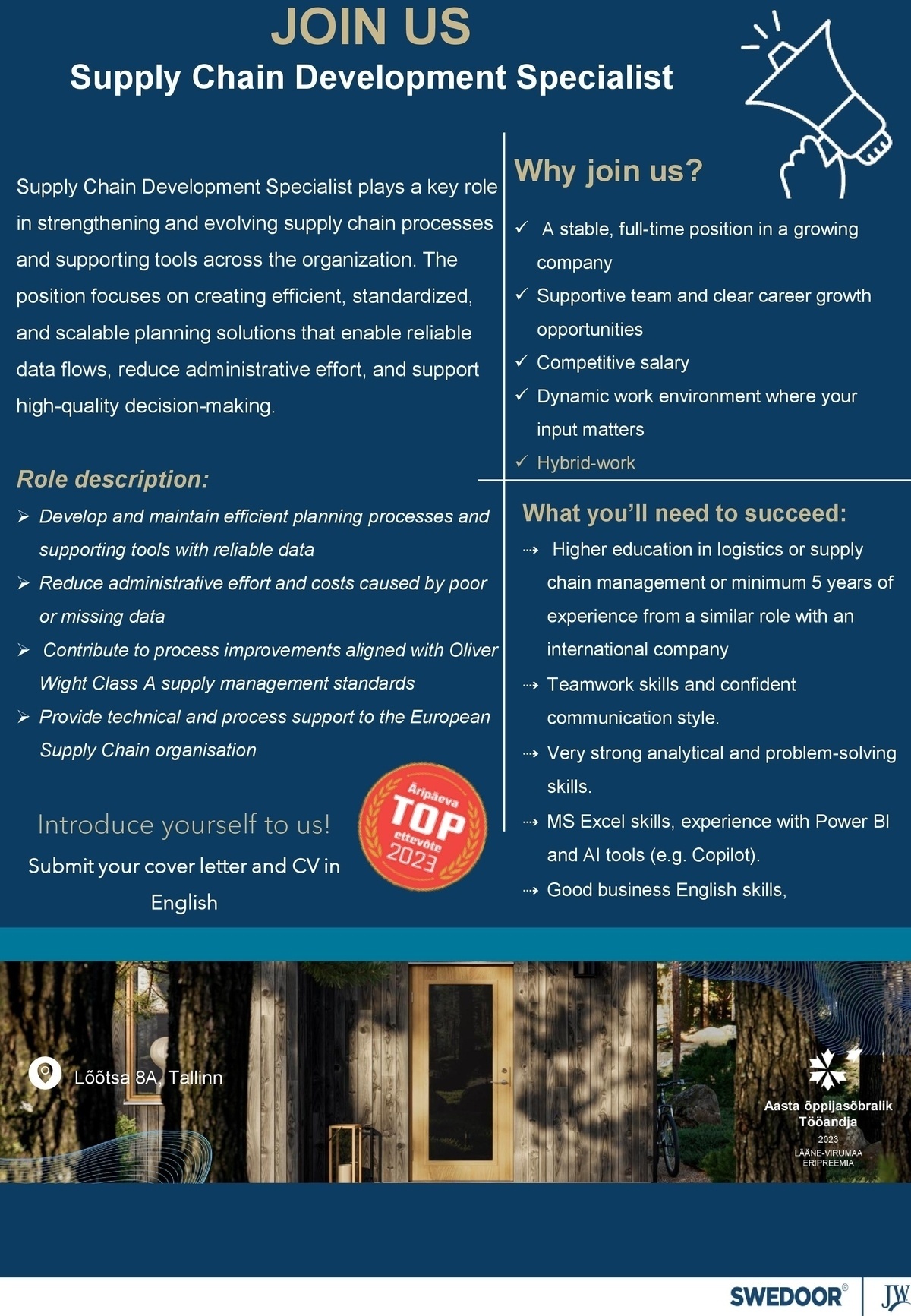 JELD-WEN Eesti AS Supply Chain Development Specialist (apply with cover letter)