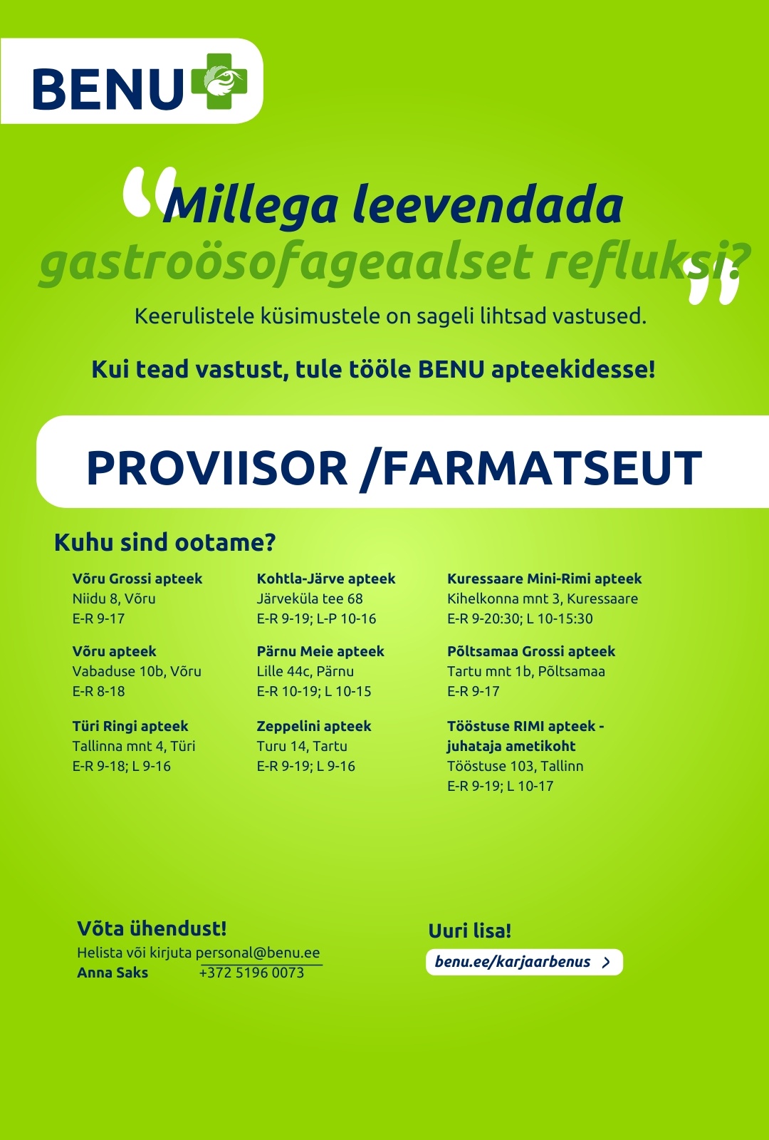 BENU Apteegid Proviisor/farmatseut BENU apteekidesse