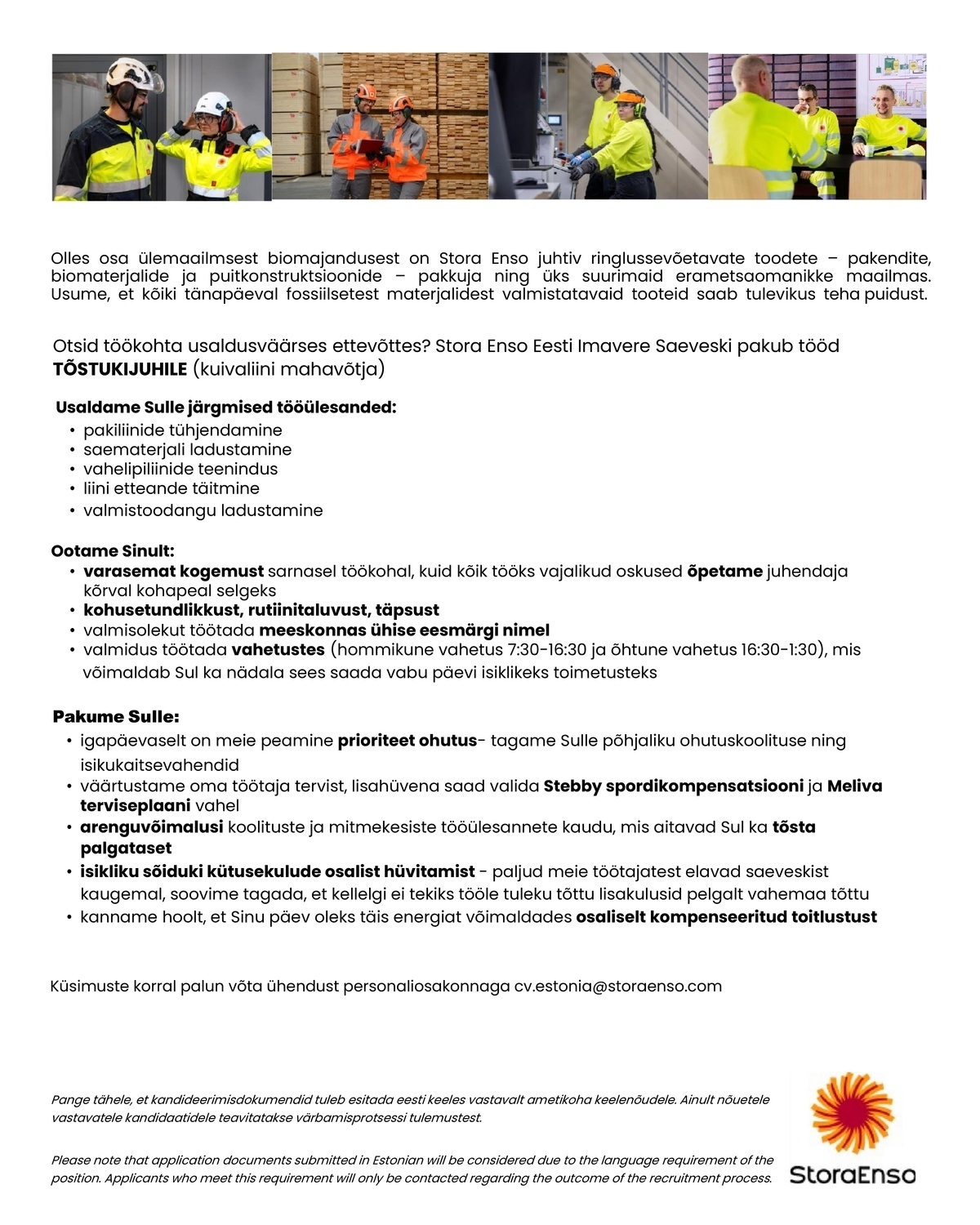 Stora Enso Eesti AS Tõstukijuht (kuivaliini mahavõtja)