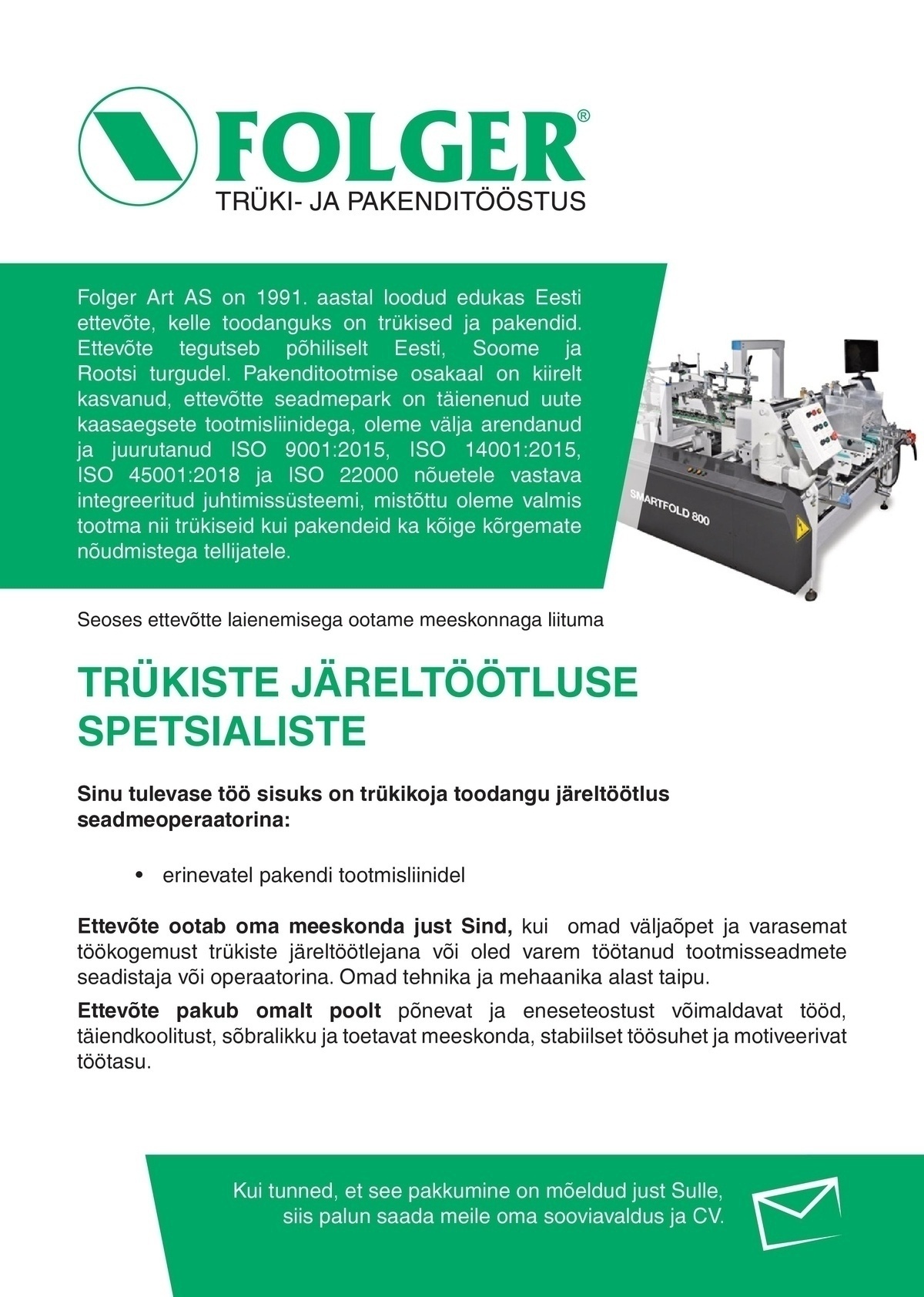 Folger Art AS Trükiste järeltöötluse spetsialist