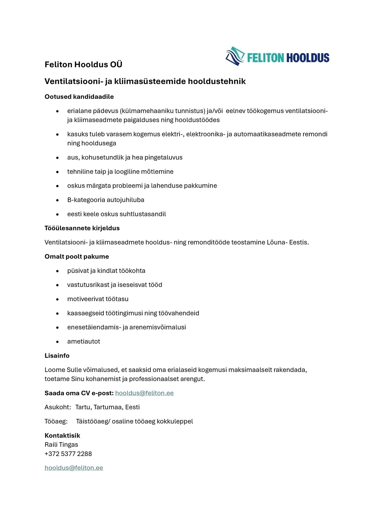 Feliton Hooldus OÜ Ventilatsiooni- ja kliimasüsteemide hooldustehnik