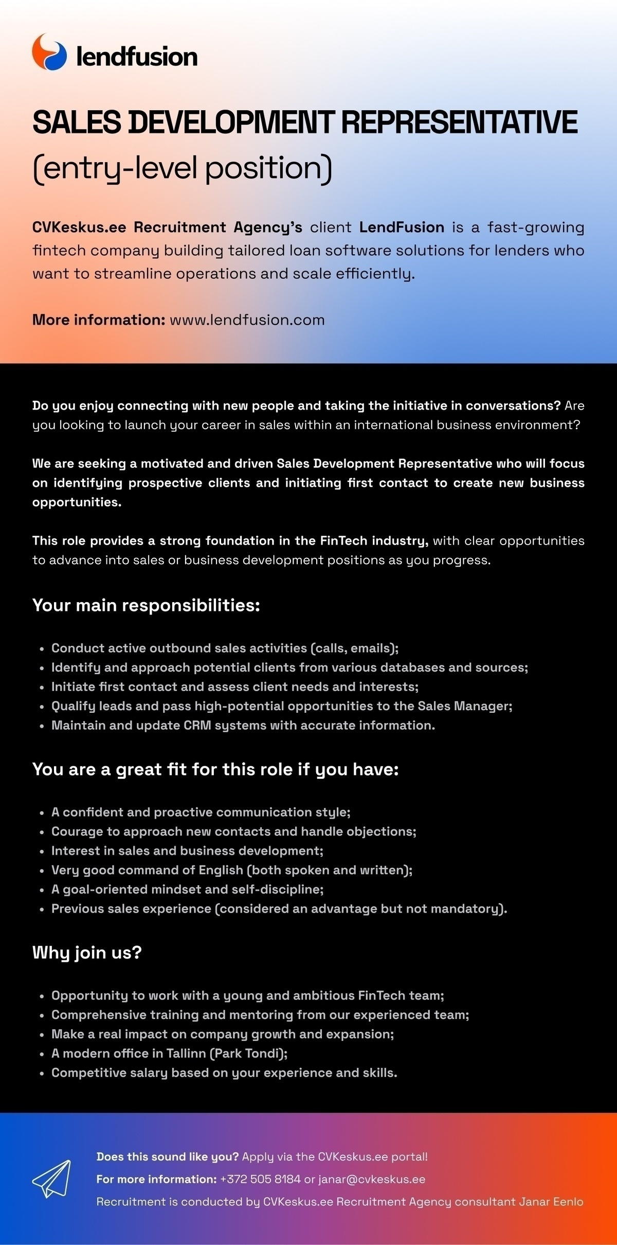 Lendfusion OÜ SALES DEVELOPMENT REPRESENTATIVE (entry-level position)