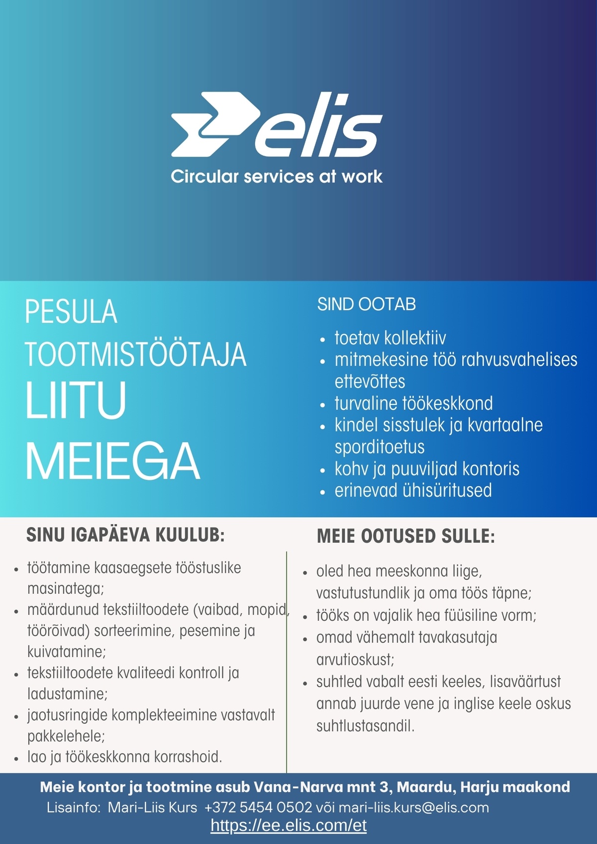 Elis Textile Service AS Pesula Tootmistöötaja