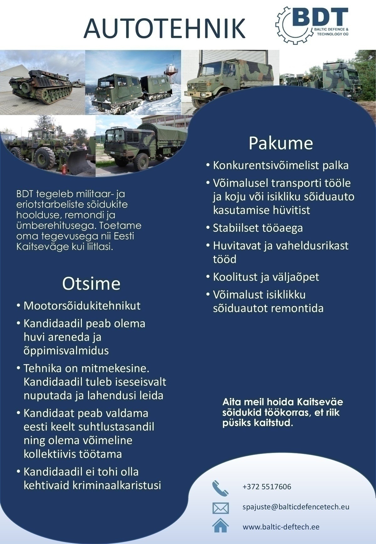 Baltic Defence & Technology OÜ Mootorsõidukitehnik / autotehnik - agregaatide remont