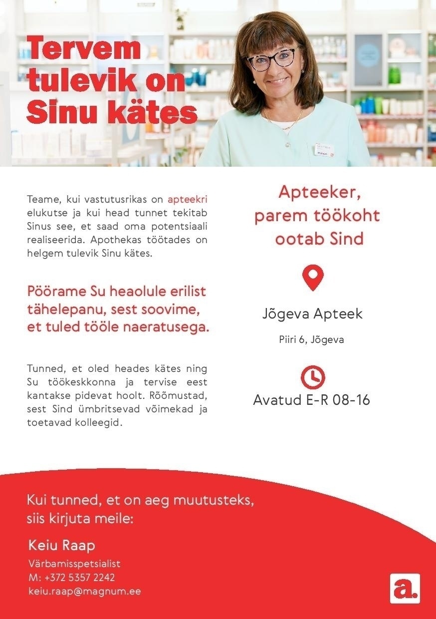 Apotheka Proviisor või farmatseut Jõgeva Apteeki