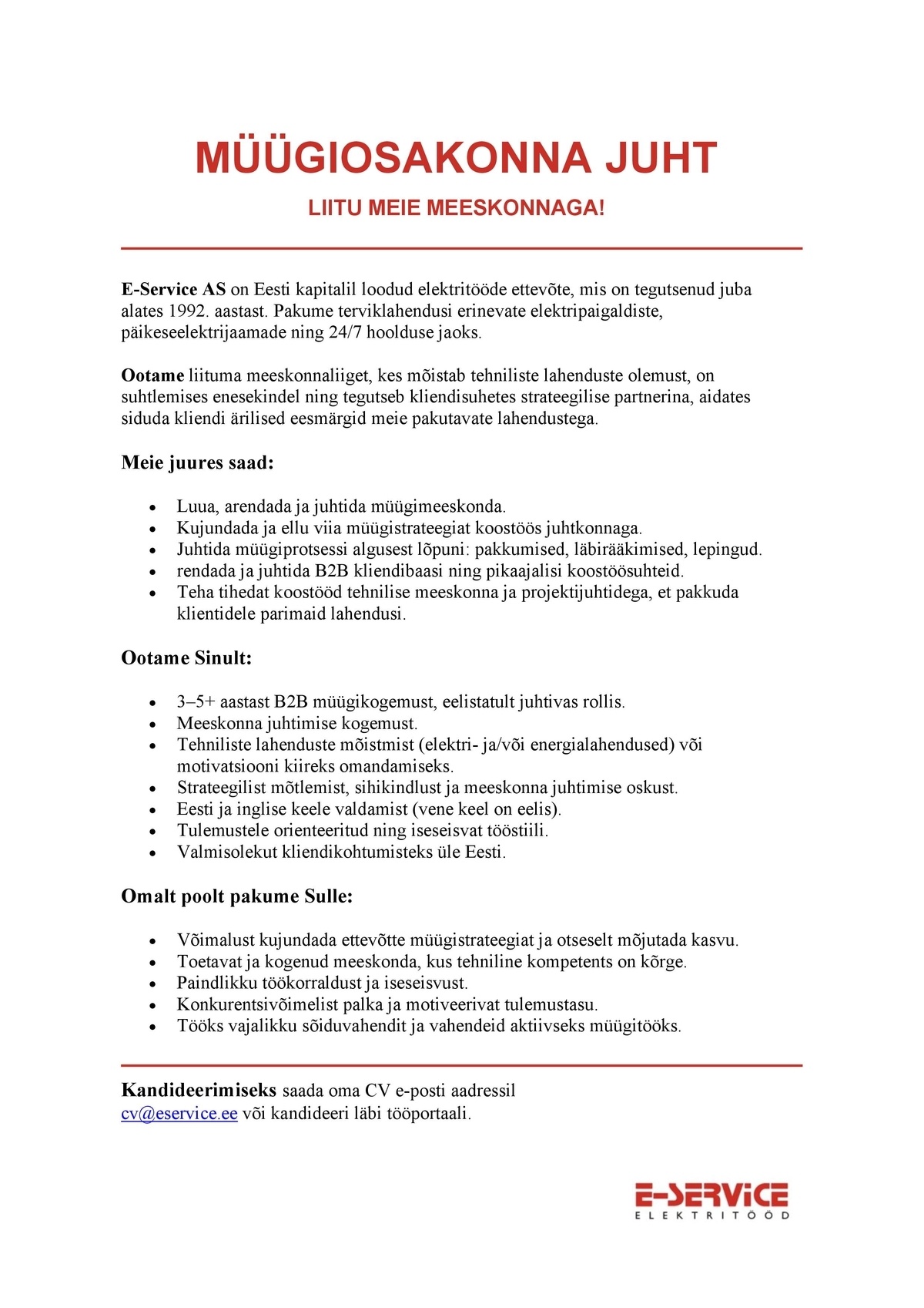 E-Service AS Müügiosakonna juht