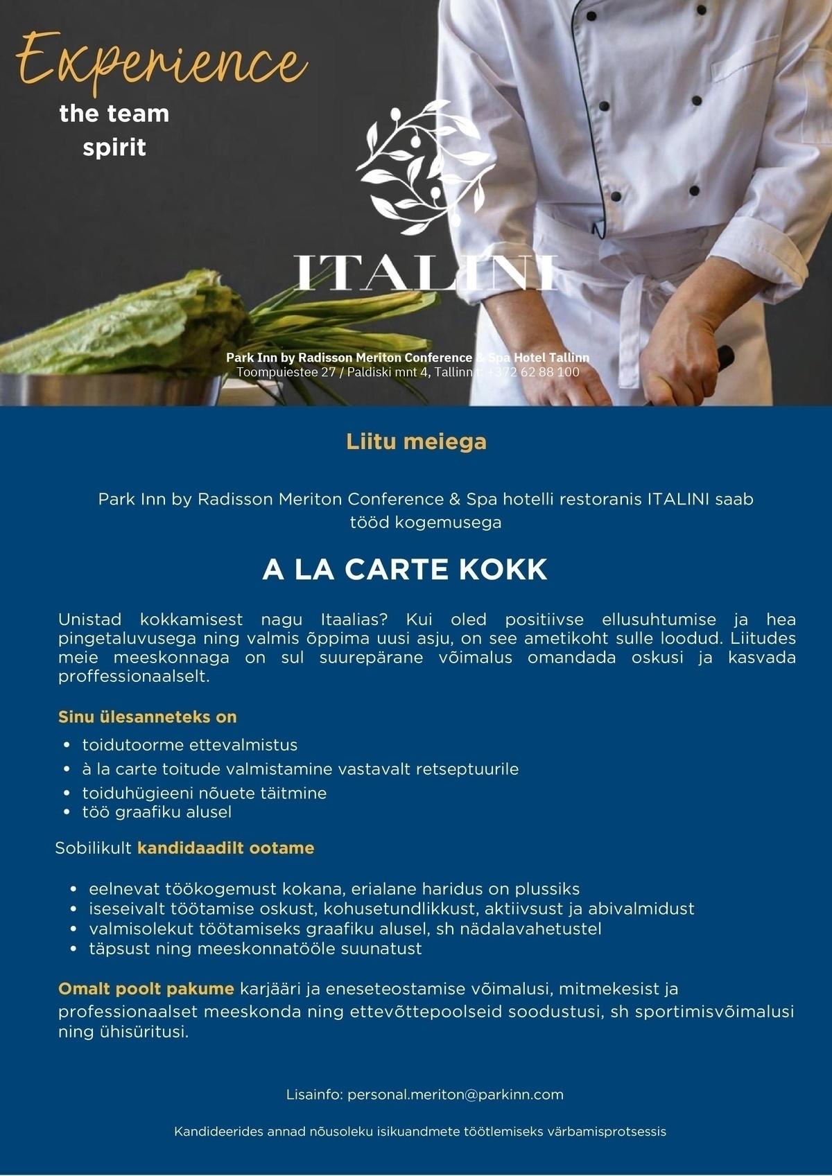 Meriton Hotels OÜ A la Carte kokk