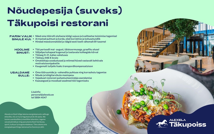 AS Alexela Nõudepesija (suveks) Täkupoisi restorani