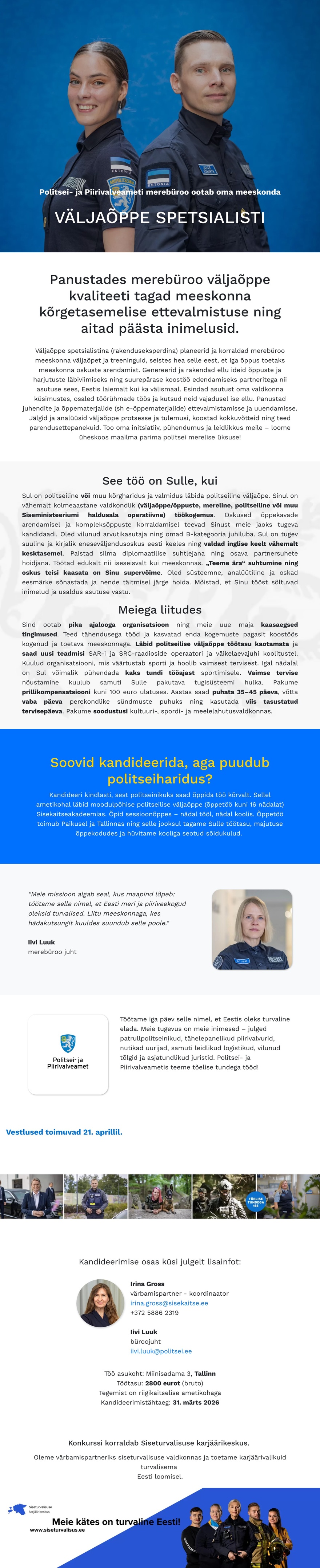 Siseturvalisuse karjäärikeskus Merebüroo väljaõppe spetsialist