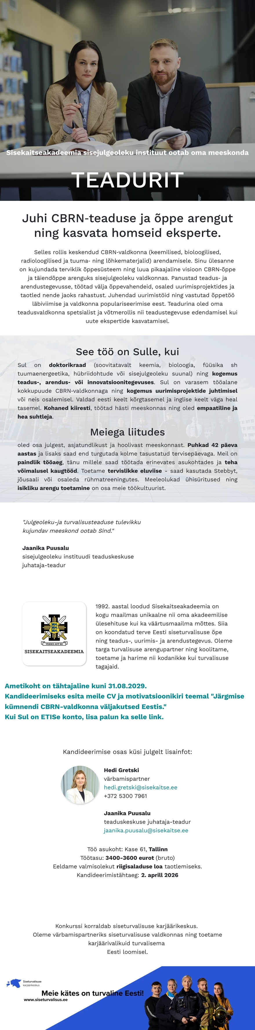 Siseturvalisuse karjäärikeskus CBRN-valdkonna teadur