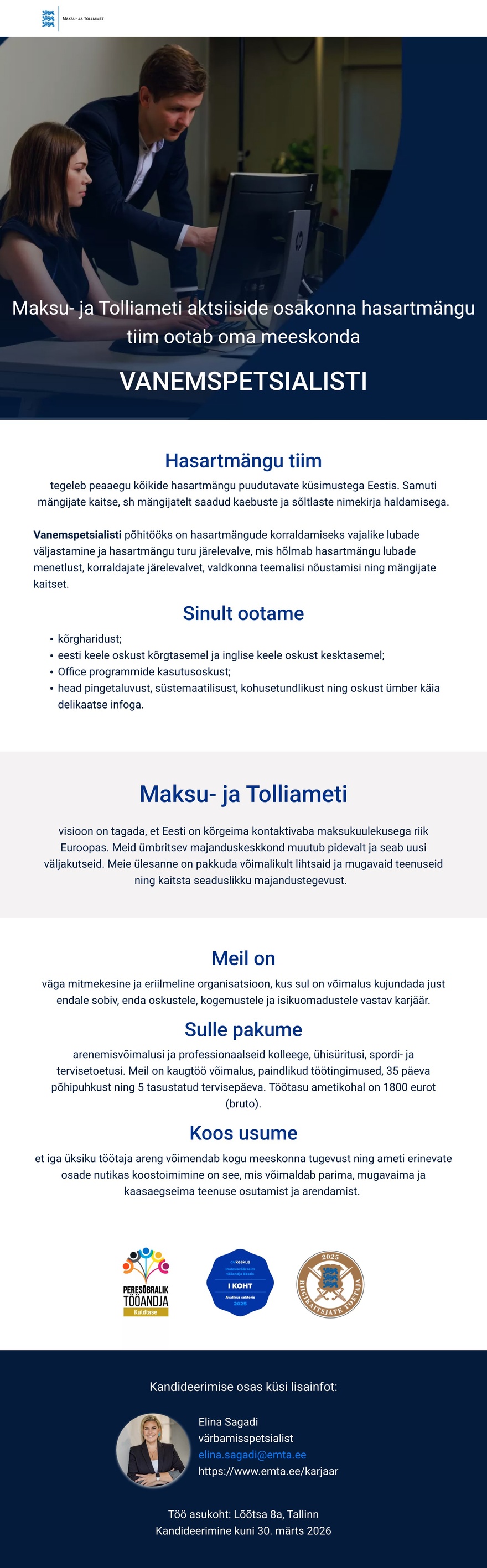 Maksu- ja Tolliamet Vanemspetsialist