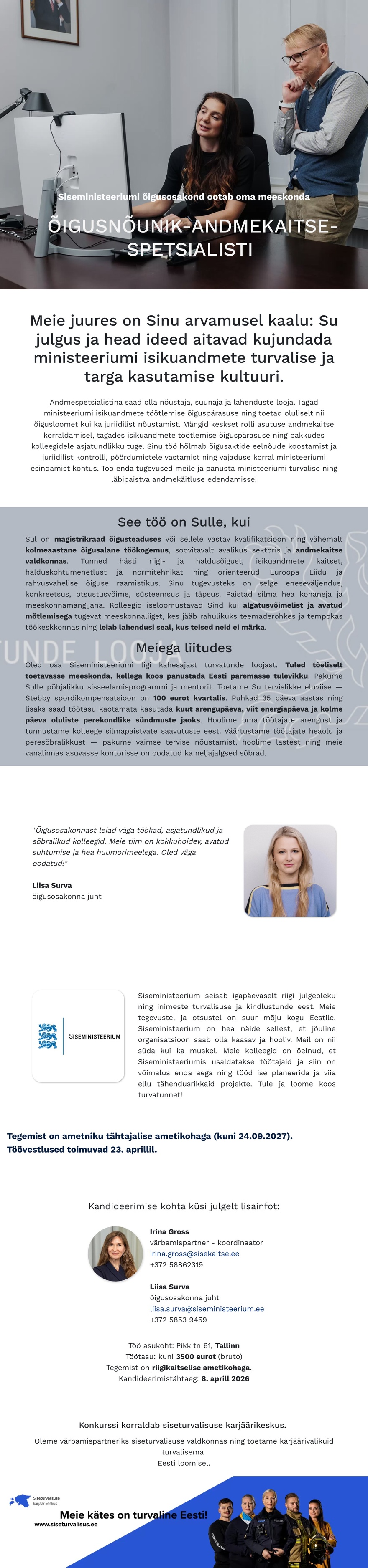 Siseturvalisuse karjäärikeskus Õigusnõunik-andmekaitsespetsialist