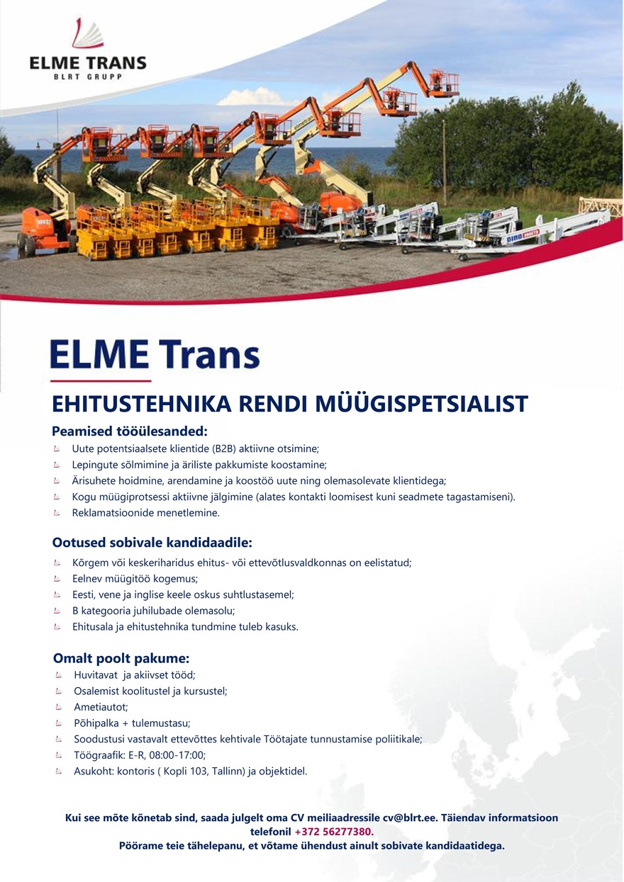 Elme Trans Ehitustehnika rendi müügispetsialist